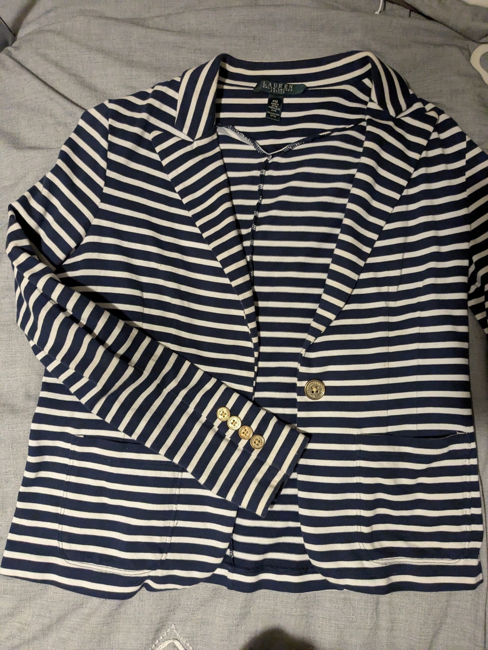 Ralph Lauren Navy and White Striped Knit Blazer with Gold Buttons